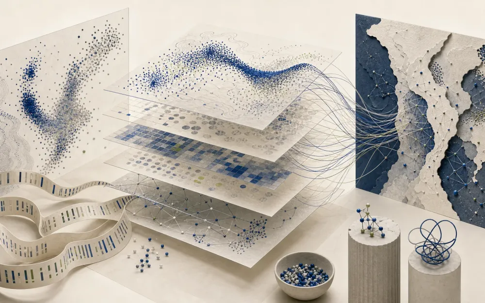 Conceptual network of omics matrices, sequences and biological data layers